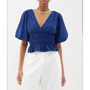 Posse The Asher Top L Women Casual V-Neck Puff Sleeve Blue Crop Blouse